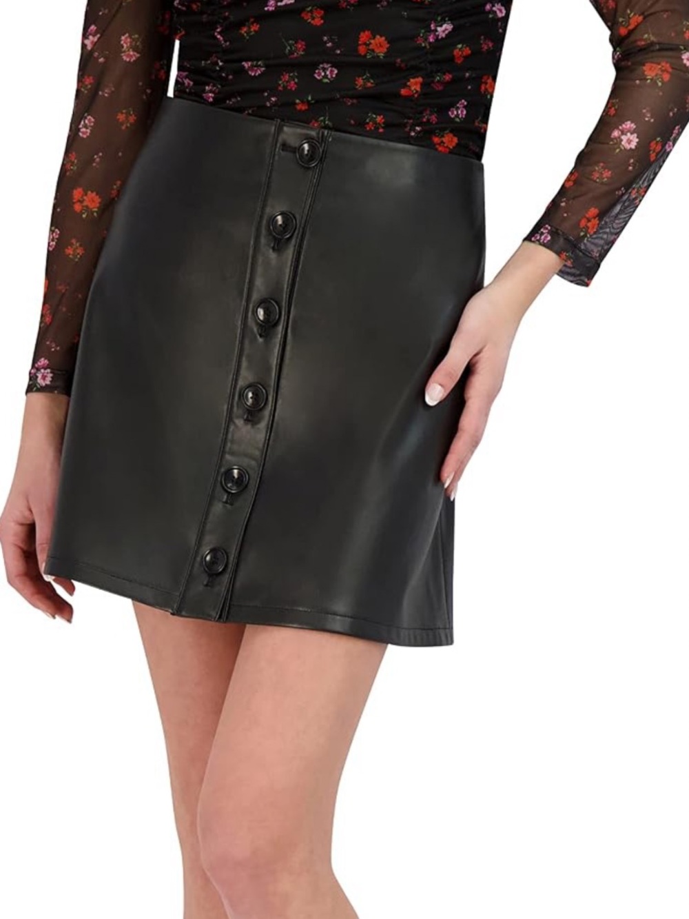 BCBGeneration Women's Button Down Faux Leather a Line Mini Skirt